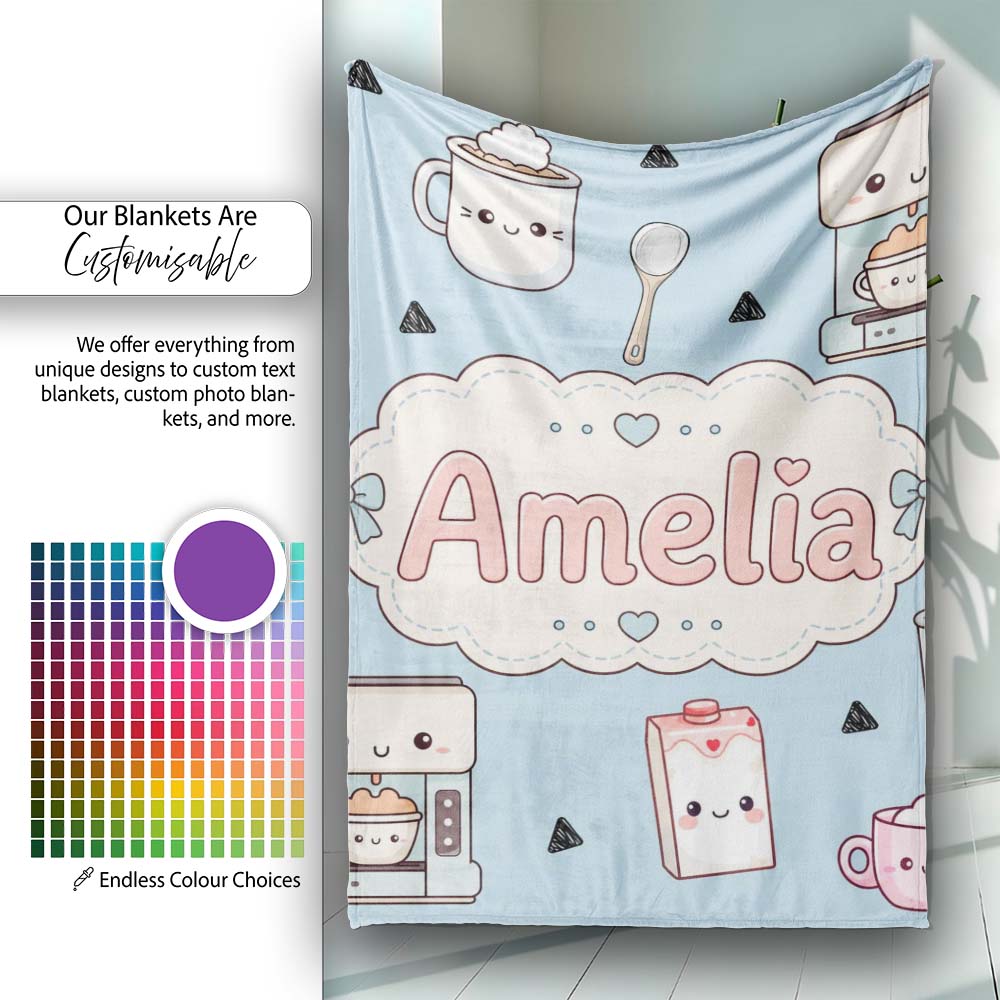 Cute Kawaii Coffee Maker Milk Carton Cups Blue Background Seamless  Personalised Custom Name Super Soft Fleece Blanket Bed Sofa Throw