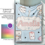 Cute Kawaii Coffee Maker Milk Carton Cups Blue Background Seamless  Personalised Custom Name Super Soft Fleece Blanket Bed Sofa Throw