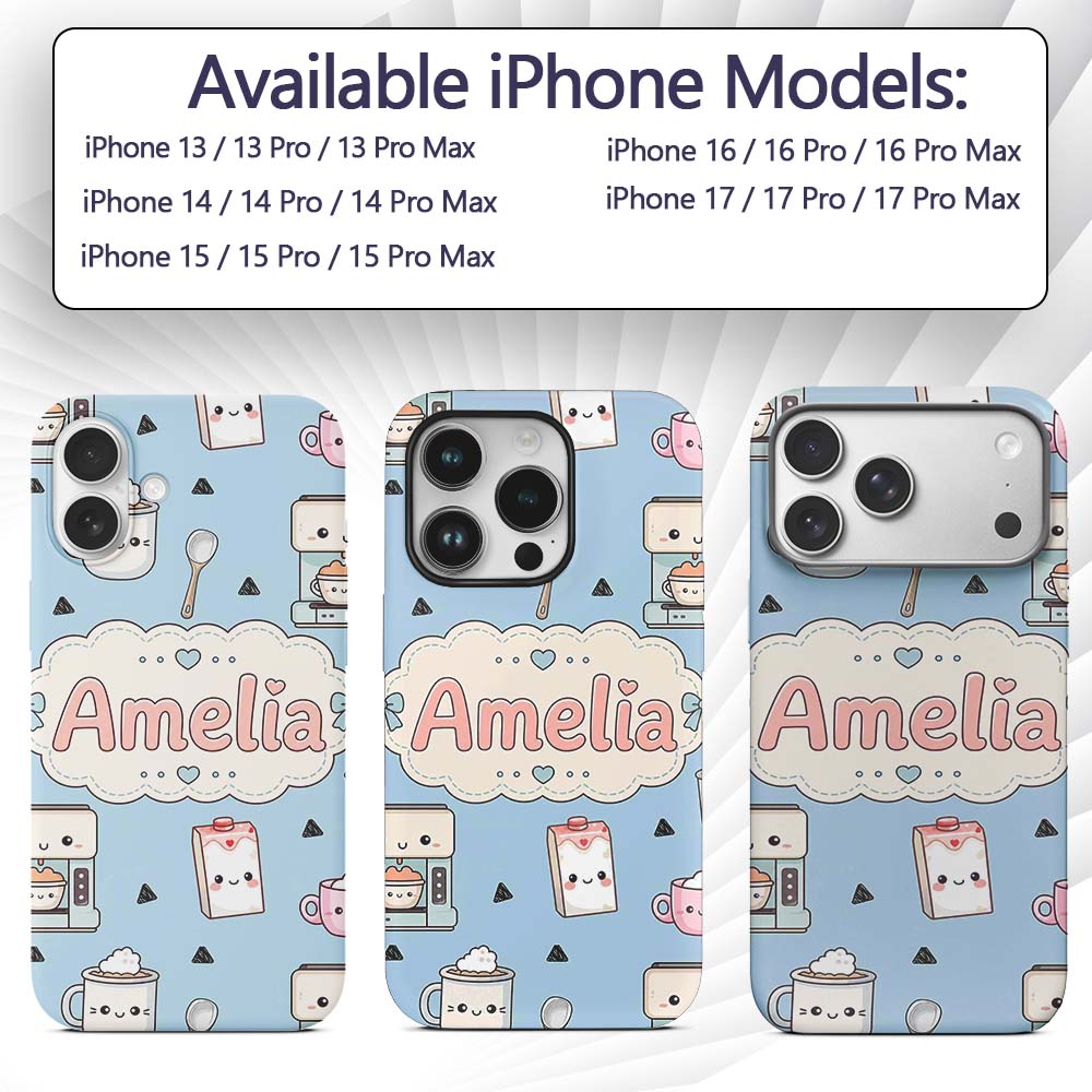 Cute Kawaii Coffee Maker Milk Carton Cups Blue Custom Name Protective Phone Case Mobile Cover Durable Everyday Smartphone Shock Resistant