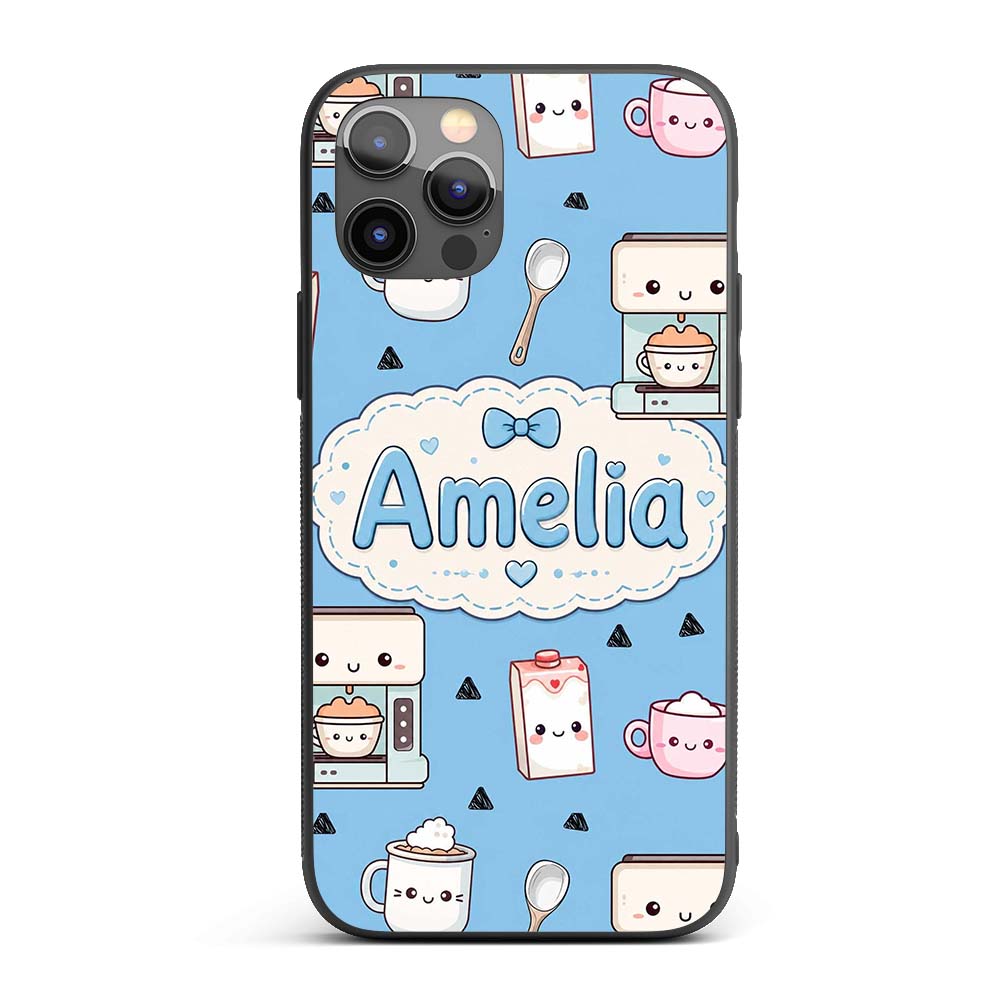 Cute Kawaii Coffee Maker Milk Carton Cups Sky Custom Name Protective Phone Case Mobile Cover Durable Everyday Smartphone Shock Resistant