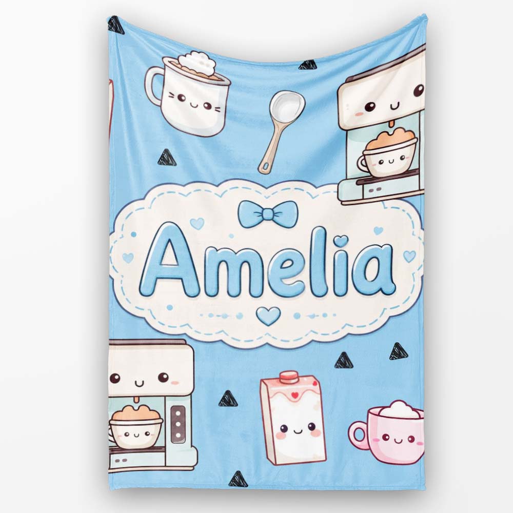 Cute Kawaii Coffee Maker Milk Carton Cups Sky Blue Background  Personalised Custom Name Super Soft Fleece Blanket Bed Sofa Throw
