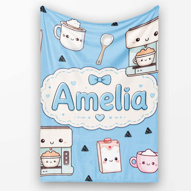 Cute Kawaii Coffee Maker Milk Carton Cups Sky Blue Background  Personalised Custom Name Super Soft Fleece Blanket Bed Sofa Throw