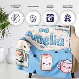 Cute Kawaii Coffee Maker Milk Carton Cups Sky Blue Background  Personalised Custom Name Super Soft Fleece Blanket Bed Sofa Throw