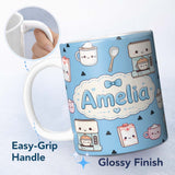 Personalized Custom Name Cute Kawaii Coffee Maker Milk Carton Cups Sky Blue Background 11oz Ceramic Coffee Tea Mug White Large Handle