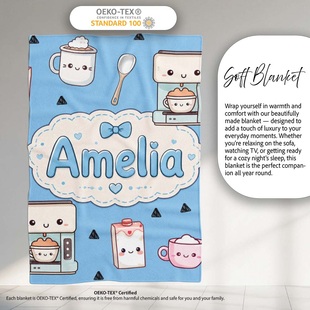 Cute Kawaii Coffee Maker Milk Carton Cups Sky Blue Background  Personalised Custom Name Super Soft Fleece Blanket Bed Sofa Throw