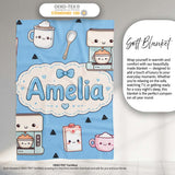 Cute Kawaii Coffee Maker Milk Carton Cups Sky Blue Background  Personalised Custom Name Super Soft Fleece Blanket Bed Sofa Throw