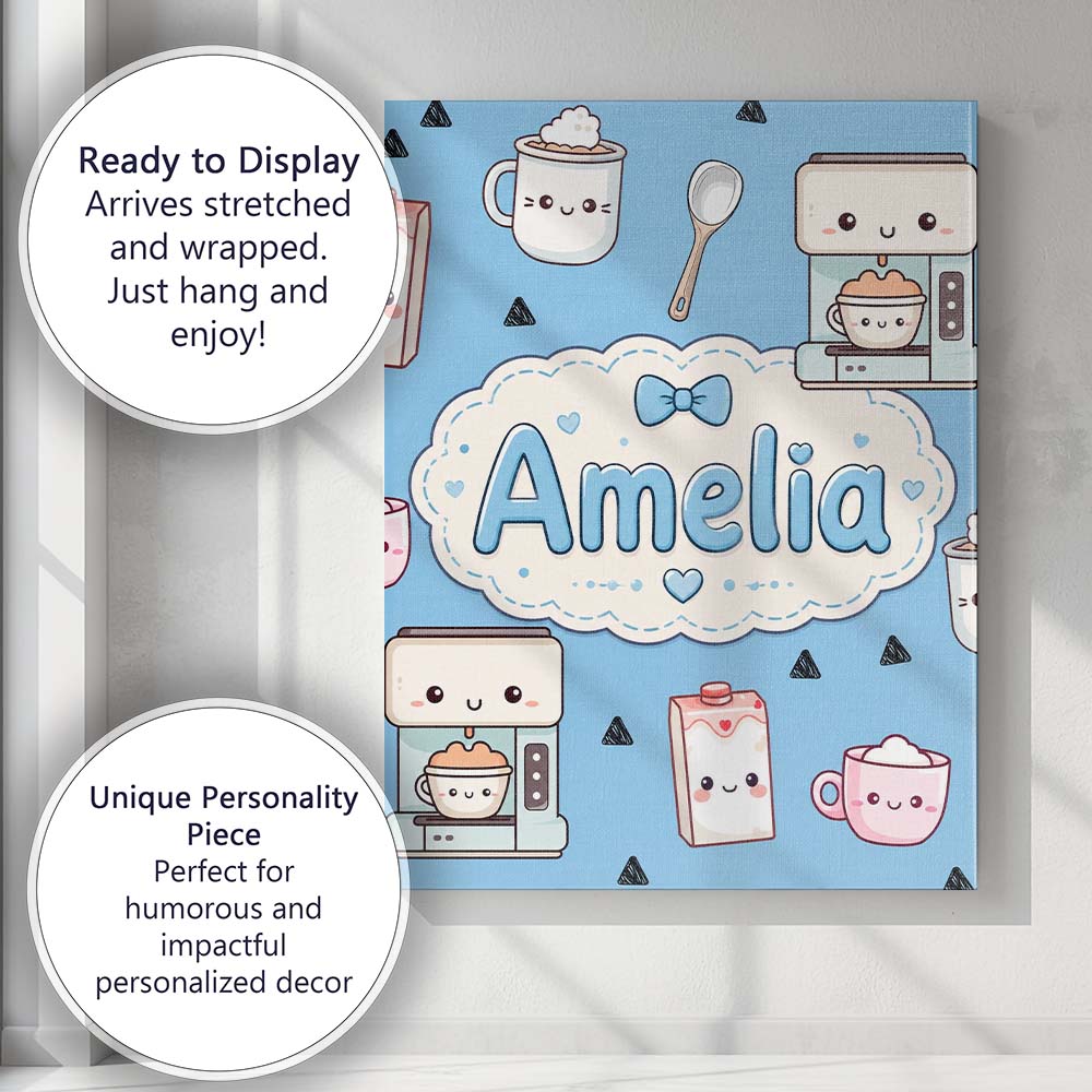 Personalised Name Cute Kawaii Coffee Maker Custom  Unique Gift Idea Elegant Feature Canvas Wall Art Print Decor Picture Ready to Hang
