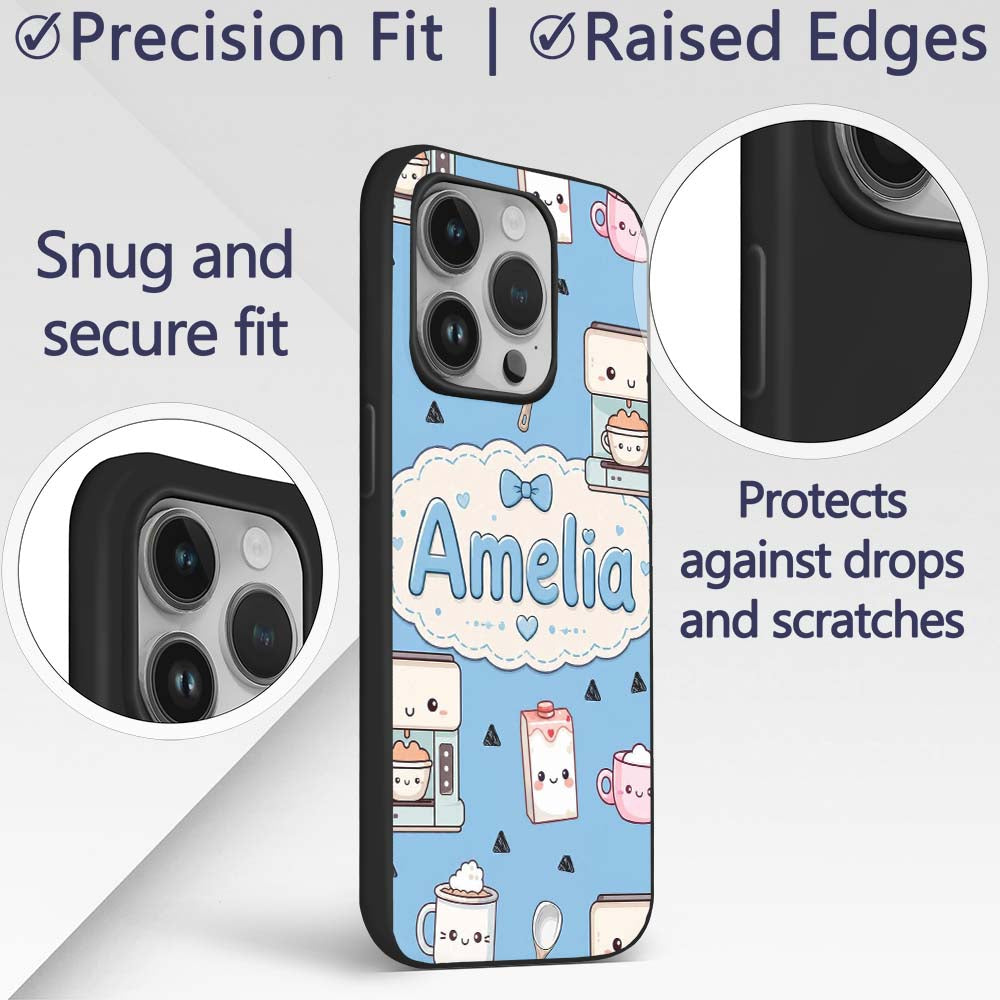 Cute Kawaii Coffee Maker Milk Carton Cups Sky Custom Name Protective Phone Case Mobile Cover Durable Everyday Smartphone Shock Resistant
