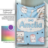 Cute Kawaii Coffee Maker Milk Carton Cups Sky Blue Background  Personalised Custom Name Super Soft Fleece Blanket Bed Sofa Throw