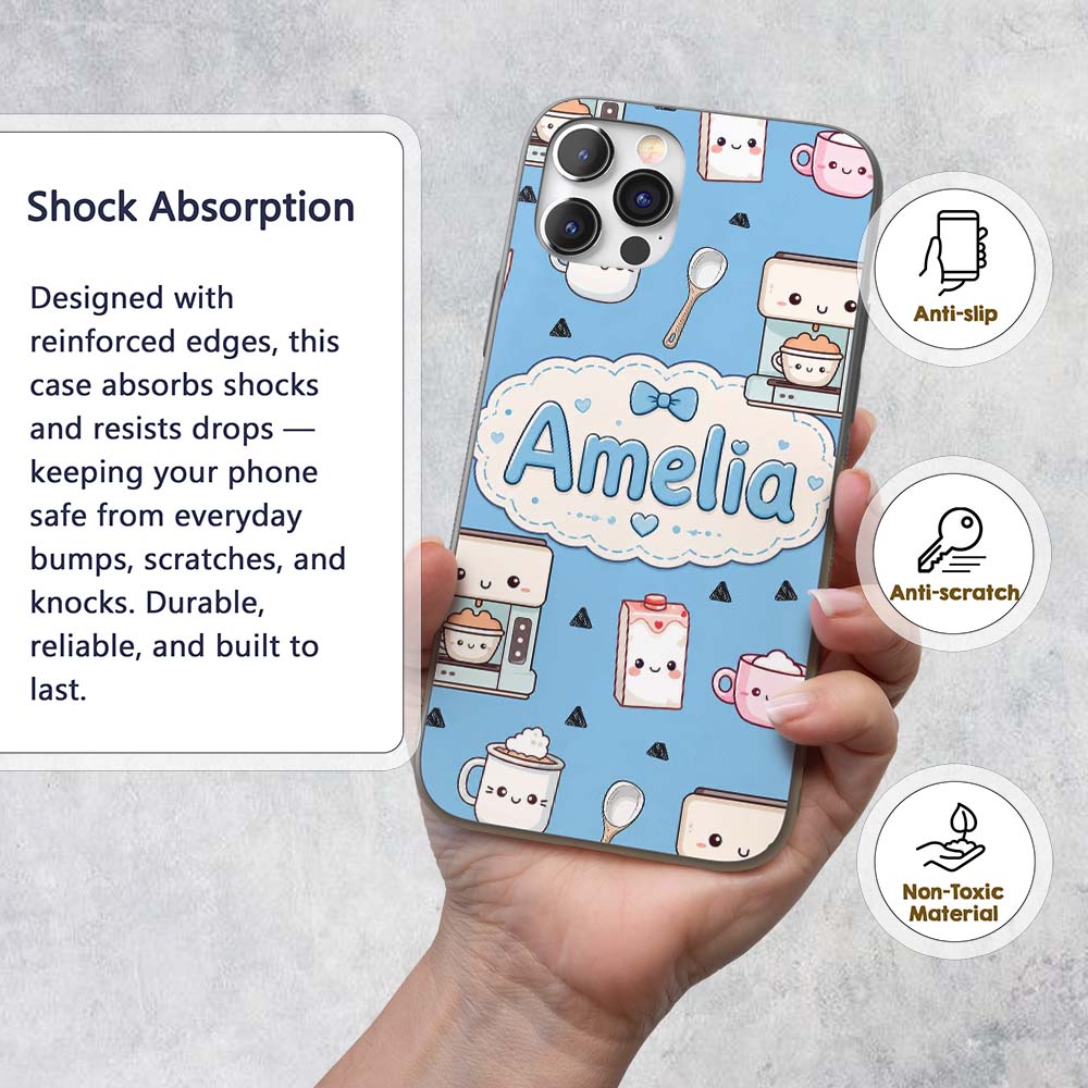 Cute Kawaii Coffee Maker Milk Carton Cups Sky Custom Name Protective Phone Case Mobile Cover Durable Everyday Smartphone Shock Resistant