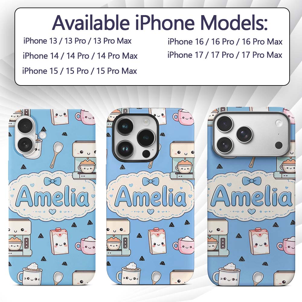 Cute Kawaii Coffee Maker Milk Carton Cups Sky Custom Name Protective Phone Case Mobile Cover Durable Everyday Smartphone Shock Resistant