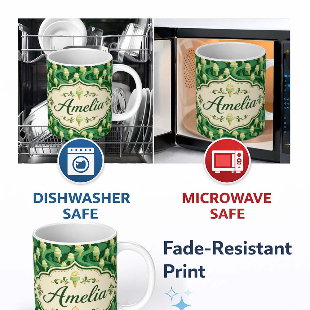 Personalized Custom Name Abstract Green Swirl Background with Vanilla Ice Cream Cones Modern 11oz Ceramic Coffee Tea Mug White Large Handle