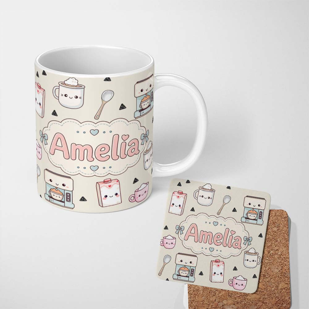 Personalized Custom Name Cute Kawaii Coffee Maker Milk Carton Cups Cream Background Seamless 11oz Ceramic Coffee Tea Mug White Large Handle