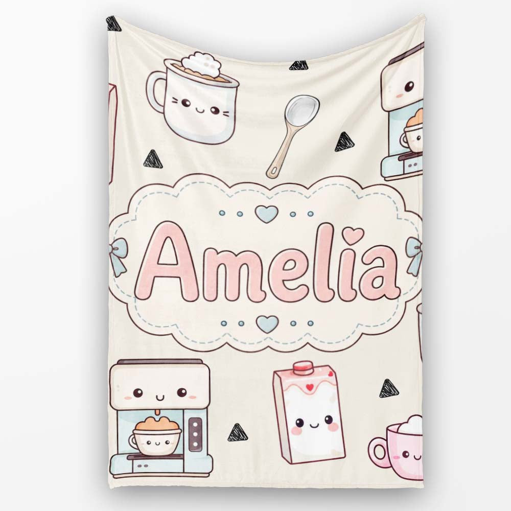Cute Kawaii Coffee Maker Milk Carton Cups Cream Background Seamless  Personalised Custom Name Super Soft Fleece Blanket Bed Sofa Throw
