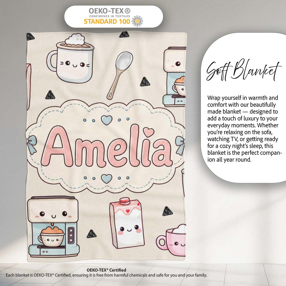 Cute Kawaii Coffee Maker Milk Carton Cups Cream Background Seamless  Personalised Custom Name Super Soft Fleece Blanket Bed Sofa Throw