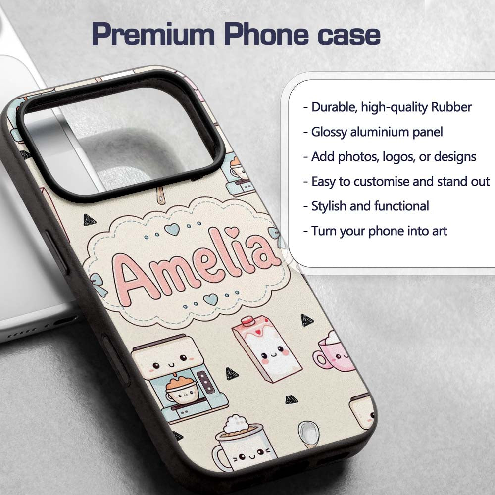 Cute Kawaii Coffee Maker Milk Carton Cups Cream Custom Name Protective Phone Case Mobile Cover Durable Everyday Smartphone Shock Resistant