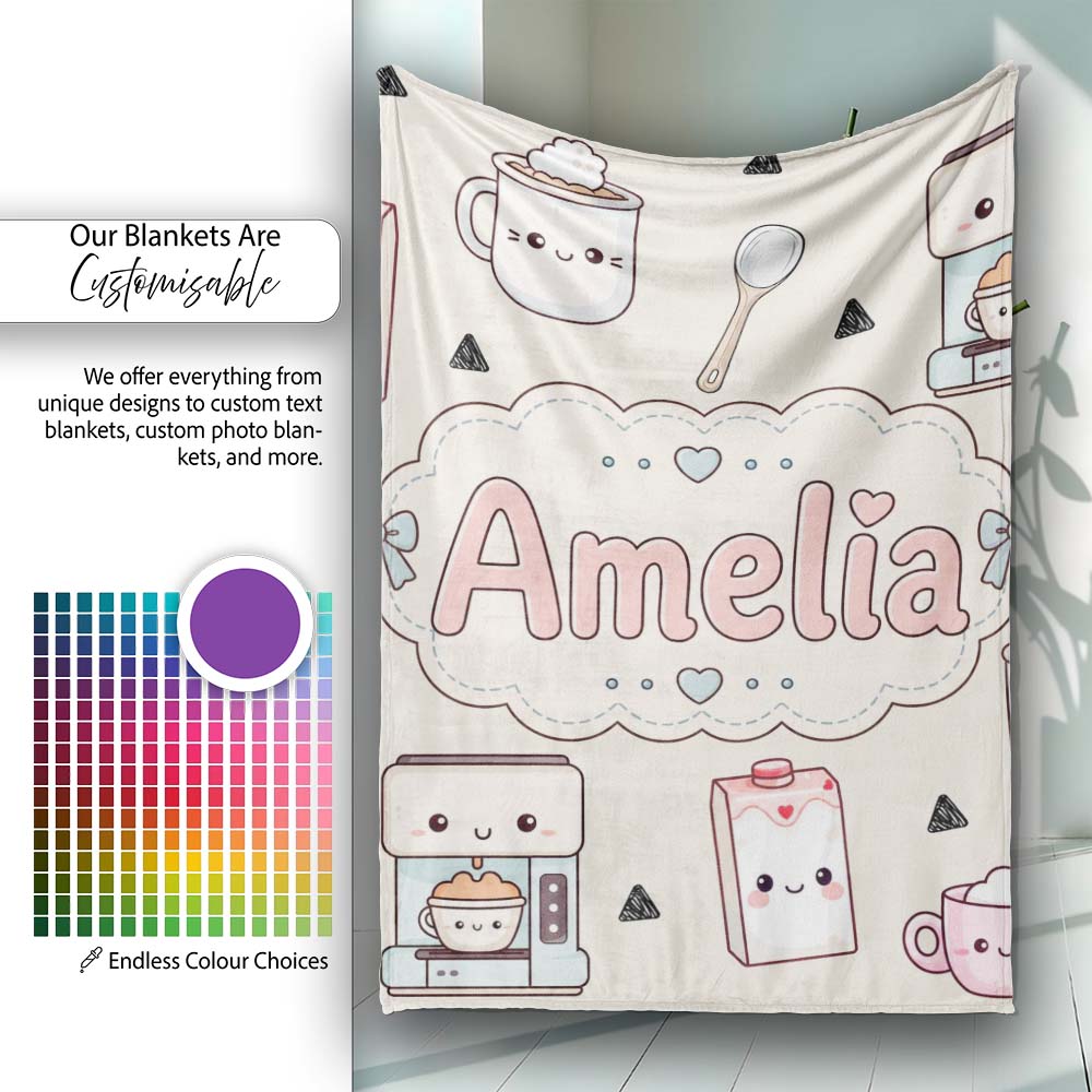 Cute Kawaii Coffee Maker Milk Carton Cups Cream Background Seamless  Personalised Custom Name Super Soft Fleece Blanket Bed Sofa Throw