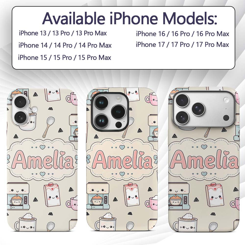 Cute Kawaii Coffee Maker Milk Carton Cups Cream Custom Name Protective Phone Case Mobile Cover Durable Everyday Smartphone Shock Resistant
