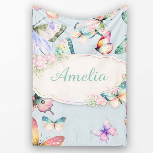 Pastel Watercolor Butterflies Pale Blue Background Seamless Pattern  Personalised Custom Name Super Soft Fleece Blanket Bed Sofa Throw