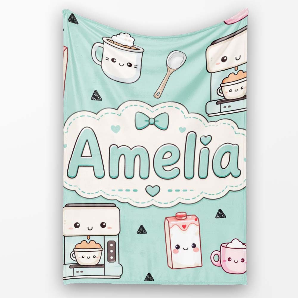 Kawaii Coffee Maker Milk Carton Cups Mint Green Seamless Pattern  Personalised Custom Name Super Soft Fleece Blanket Bed Sofa Throw