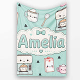 Kawaii Coffee Maker Milk Carton Cups Mint Green Seamless Pattern  Personalised Custom Name Super Soft Fleece Blanket Bed Sofa Throw