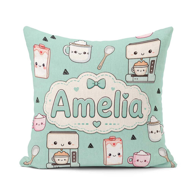 Custom Name Kawaii Maker Milk Carton Cups Green Seamless Pattern Square Filled Cushion Throw Pillow Sofa Bed Home Decor Zip Washable UK Made