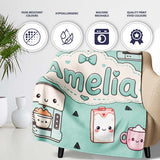 Kawaii Coffee Maker Milk Carton Cups Mint Green Seamless Pattern  Personalised Custom Name Super Soft Fleece Blanket Bed Sofa Throw