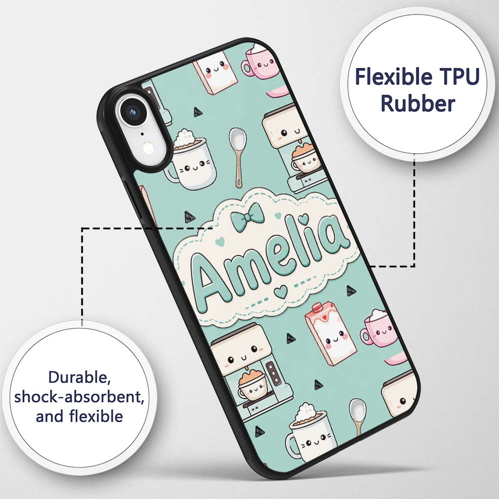 Kawaii Coffee Maker Milk Carton Cups Mint Green Custom Name Protective Phone Case Mobile Cover Durable Everyday Smartphone Shock Resistant