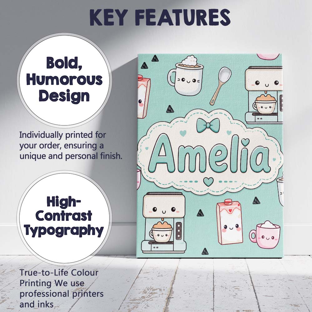 Personalised Name Kawaii Coffee Maker Milk Custom  Unique Gift Idea Elegant Feature Canvas Wall Art Print Decor Picture Ready to Hang