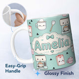 Personalized Custom Name Kawaii Coffee Maker Milk Carton Cups Mint Green Seamless Pattern 11oz Ceramic Coffee Tea Mug White Large Handle