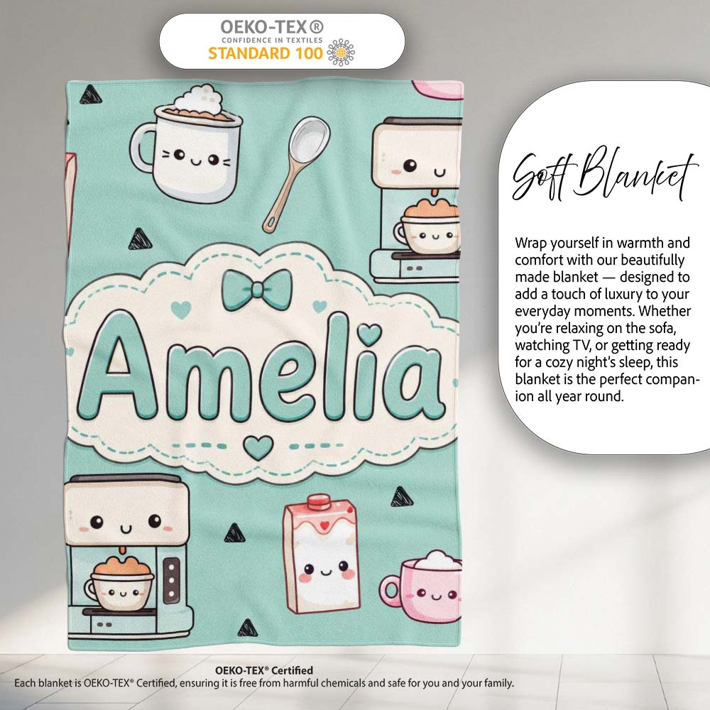 Kawaii Coffee Maker Milk Carton Cups Mint Green Seamless Pattern  Personalised Custom Name Super Soft Fleece Blanket Bed Sofa Throw