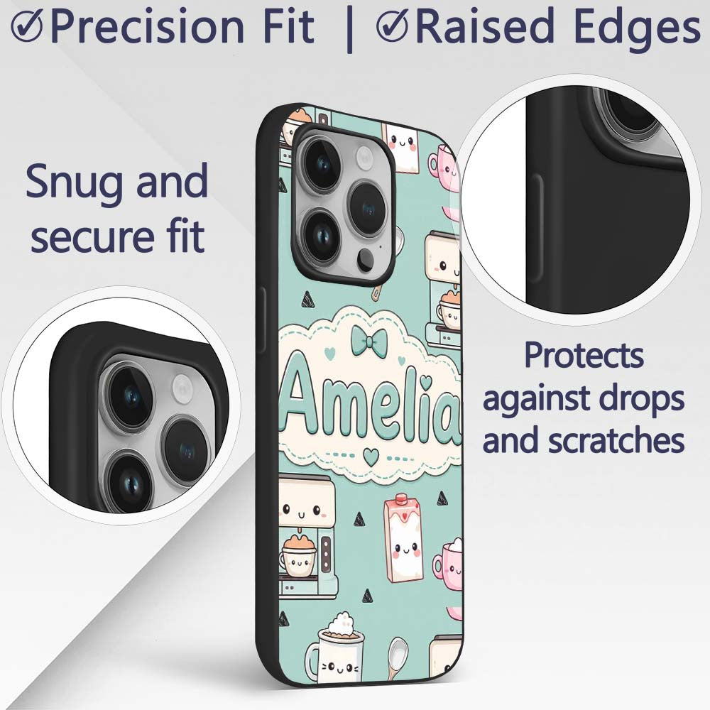Kawaii Coffee Maker Milk Carton Cups Mint Green Custom Name Protective Phone Case Mobile Cover Durable Everyday Smartphone Shock Resistant