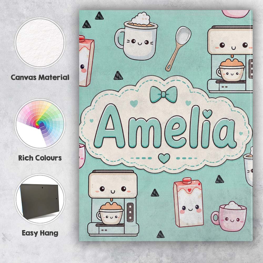 Personalised Name Kawaii Coffee Maker Milk Custom  Unique Gift Idea Elegant Feature Canvas Wall Art Print Decor Picture Ready to Hang