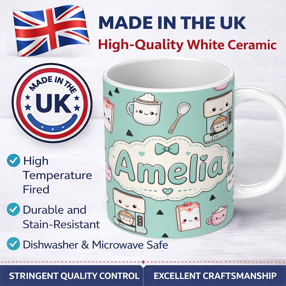 Personalized Custom Name Kawaii Coffee Maker Milk Carton Cups Mint Green Seamless Pattern 11oz Ceramic Coffee Tea Mug White Large Handle