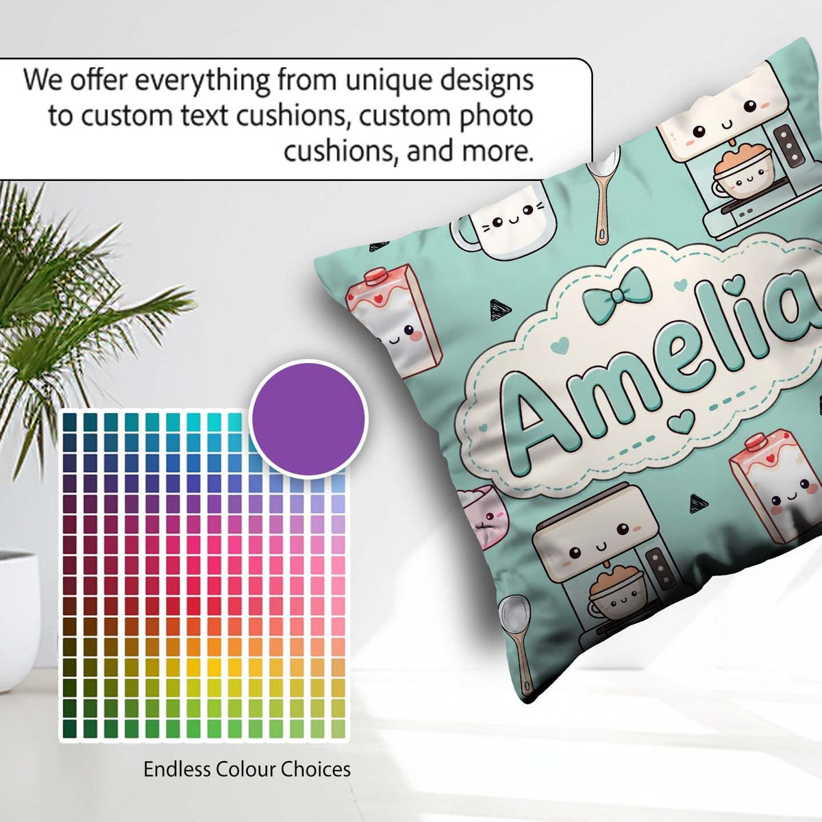Custom Name Kawaii Maker Milk Carton Cups Green Seamless Pattern Square Filled Cushion Throw Pillow Sofa Bed Home Decor Zip Washable UK Made