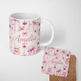 Personalized Custom Name Watercolor Pink Cherry Ribbon Bow Seamless Pattern Soft Pink Stripe 11oz Ceramic Coffee Tea Mug White Large Handle