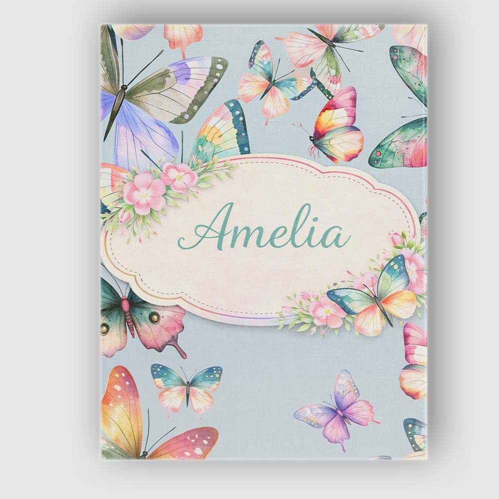 Personalised Name Pastel Watercolor Butterflies Pale Blue Background Custom  Home Canvas Wall Art Print Decor Picture Ready to Hang