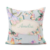 Custom Name Watercolor Butterflies Pale Blue Background Seamless Square Filled Cushion Throw Pillow Sofa Bed Home Decor Zip Washable UK Made