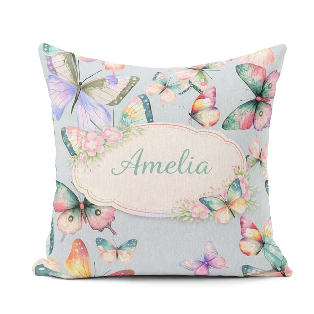 Custom Name Watercolor Butterflies Pale Blue Background Seamless Square Filled Cushion Throw Pillow Sofa Bed Home Decor Zip Washable UK Made