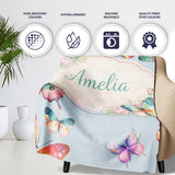 Pastel Watercolor Butterflies Pale Blue Background Seamless Pattern  Personalised Custom Name Super Soft Fleece Blanket Bed Sofa Throw