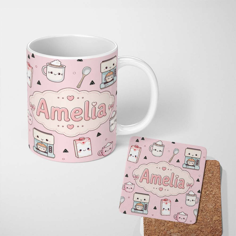 Personalized Custom Name Cute Kawaii Coffee Maker Milk Carton Cups Soft Pink Background 11oz Ceramic Coffee Tea Mug White Large Handle