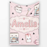 Cute Kawaii Coffee Maker Milk Carton Cups Soft Pink Background  Personalised Custom Name Super Soft Fleece Blanket Bed Sofa Throw