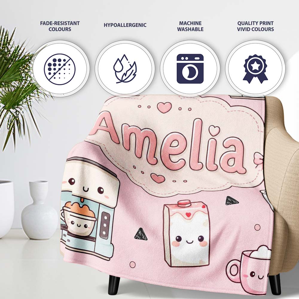 Cute Kawaii Coffee Maker Milk Carton Cups Soft Pink Background  Personalised Custom Name Super Soft Fleece Blanket Bed Sofa Throw