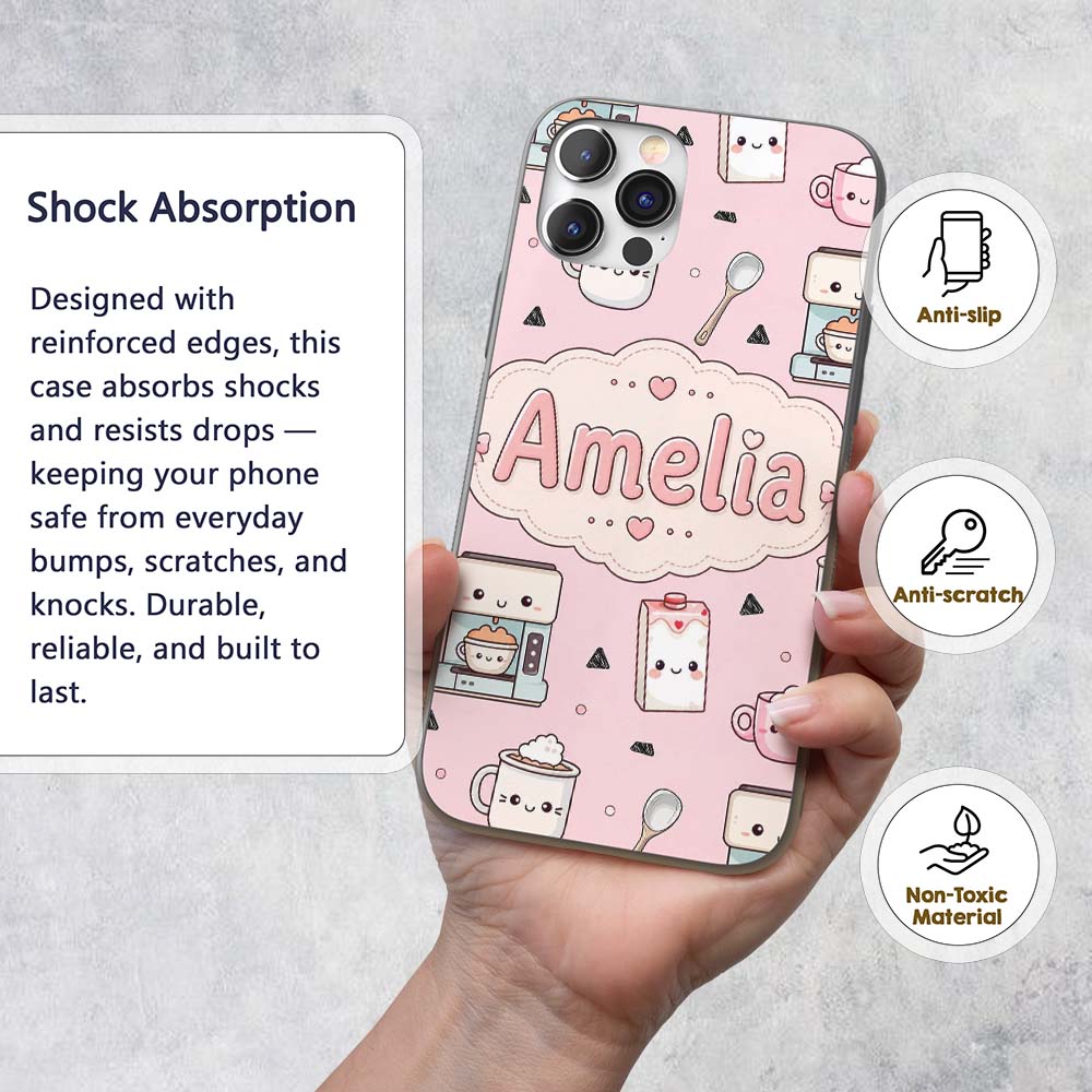 Cute Kawaii Coffee Maker Milk Carton Cups Soft Custom Name Protective Phone Case Mobile Cover Durable Everyday Smartphone Shock Resistant