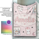Cute Kawaii Coffee Maker Milk Carton Cups Soft Pink Background  Personalised Custom Name Super Soft Fleece Blanket Bed Sofa Throw
