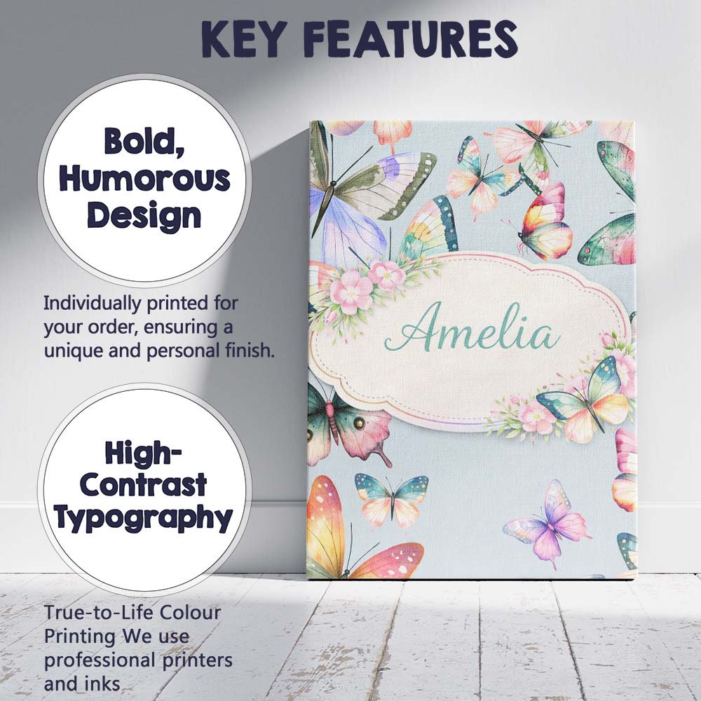 Personalised Name Pastel Watercolor Butterflies Pale Blue Background Custom  Home Canvas Wall Art Print Decor Picture Ready to Hang