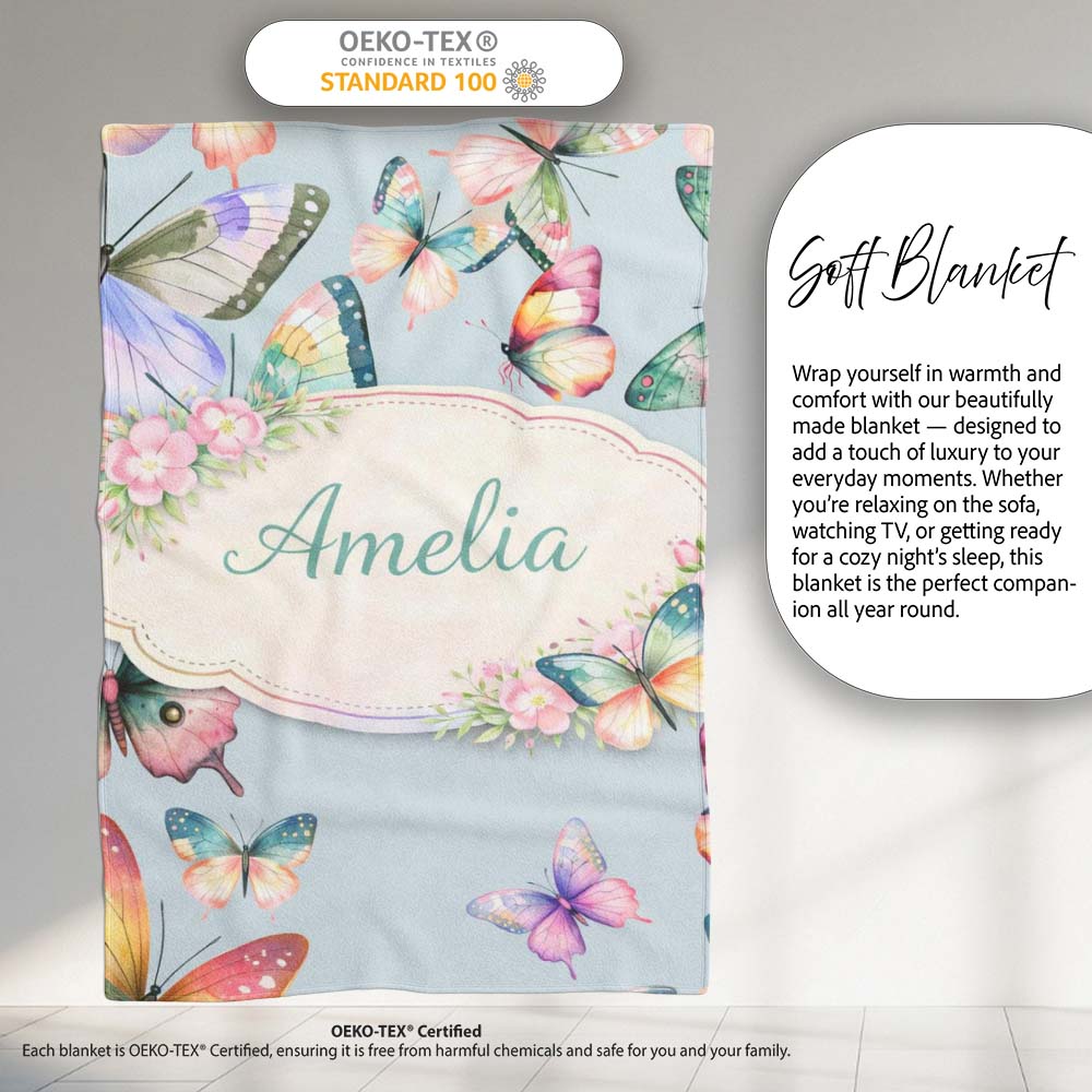 Pastel Watercolor Butterflies Pale Blue Background Seamless Pattern  Personalised Custom Name Super Soft Fleece Blanket Bed Sofa Throw
