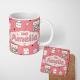 Personalized Custom Name Cute Kawaii Coffee Maker Milk Carton Cups Red Background Seamless 11oz Ceramic Coffee Tea Mug White Large Handle