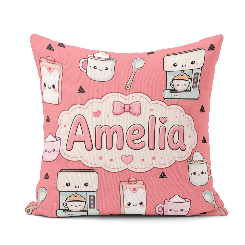 Custom Name Cute Kawaii Milk Carton Cups Red Background Seamless Square Filled Cushion Throw Pillow Sofa Bed Home Decor Zip Washable UK Made