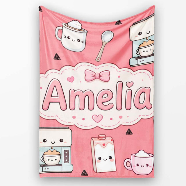 Cute Kawaii Coffee Maker Milk Carton Cups Red Background Seamless  Personalised Custom Name Super Soft Fleece Blanket Bed Sofa Throw